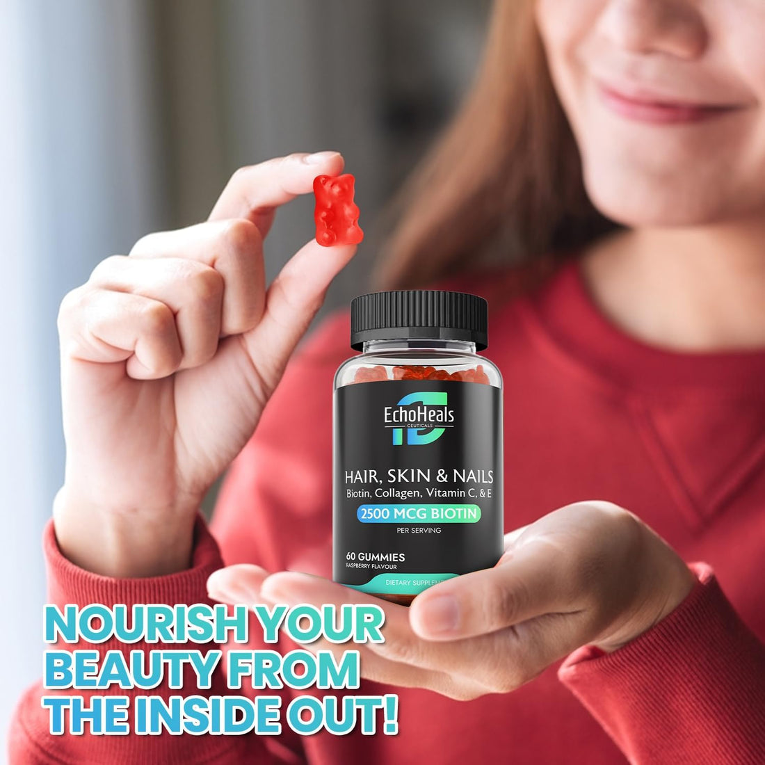 EchoHeals CEUTICALS Hair, Skin & Nail Gummies | Biotin Collagen Vitamin C & E Supplement | 2500mcg Biotin | Raspberry Flavored | 60 Gummies