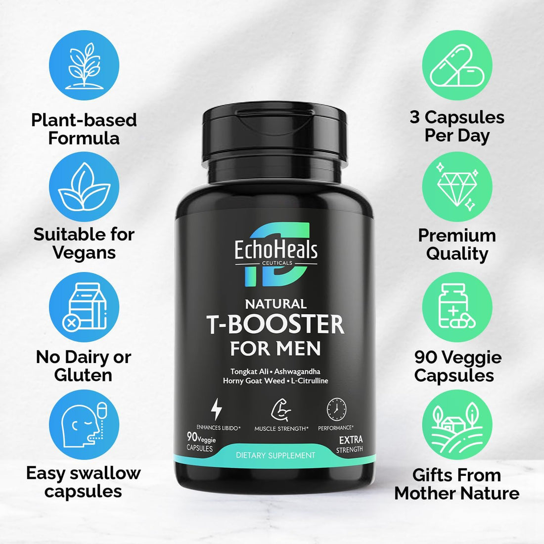 EchoHeals CEUTICALS Natural T-Booster for Men - Energy & Vitality Support, 90 Veggie Capsules